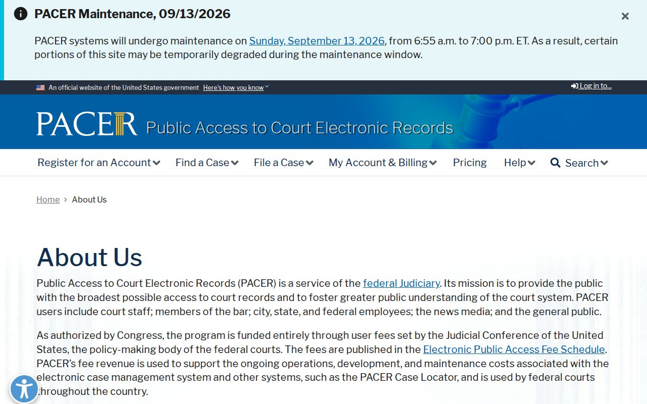 Official PACER information page for federal court record access