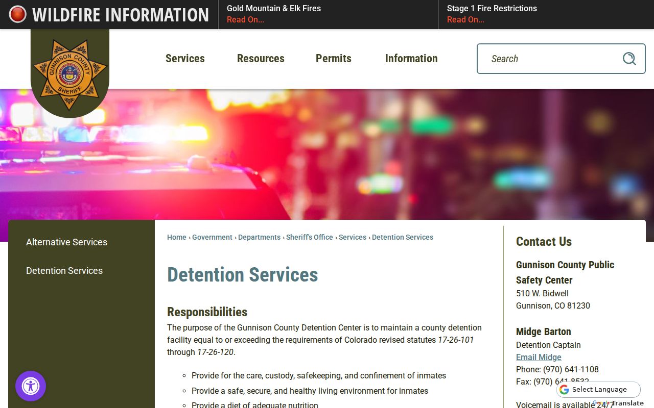 Official Gunnison County Detention Services page with roster and custody resources