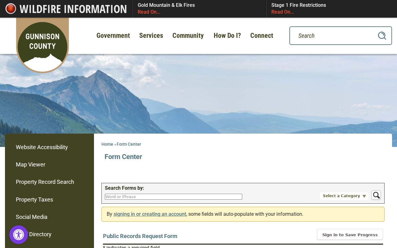 Gunnison County public records request form showing agency and request fields