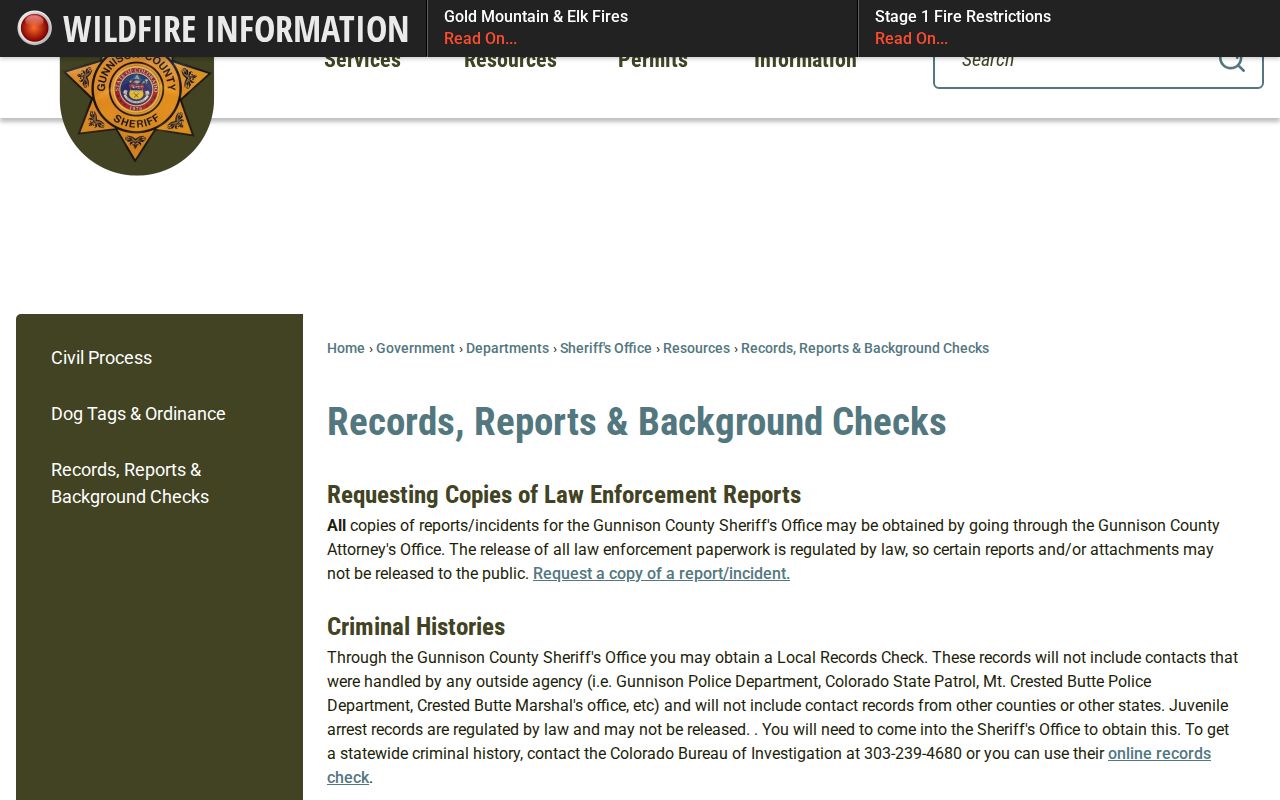 Gunnison County Sheriff records page explaining local records check limits